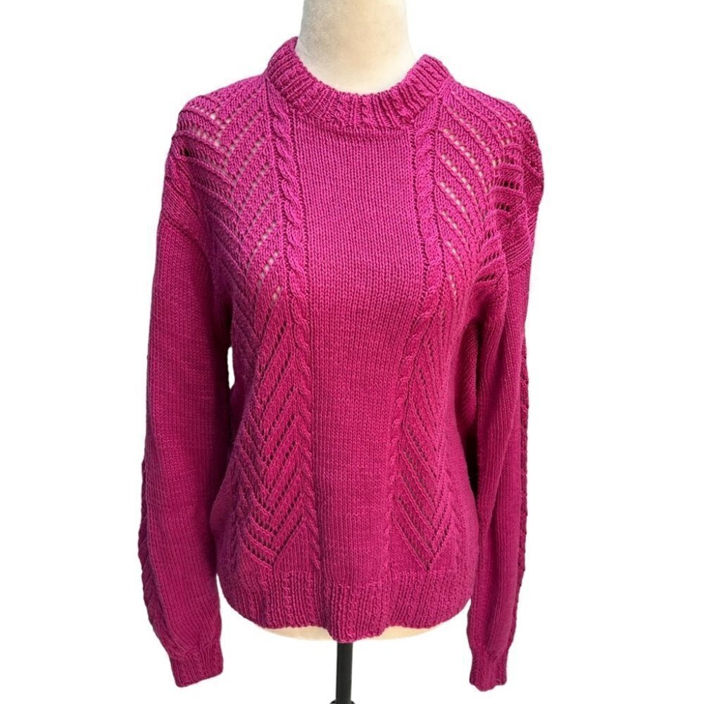 𝅺handmade Hand Knit Fucshia Pink Crew Neck Sweater Size L